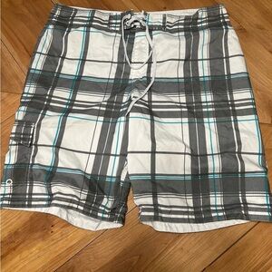 Men's Blue Sol Plaid Swim Shorts - Gray and White Size 38